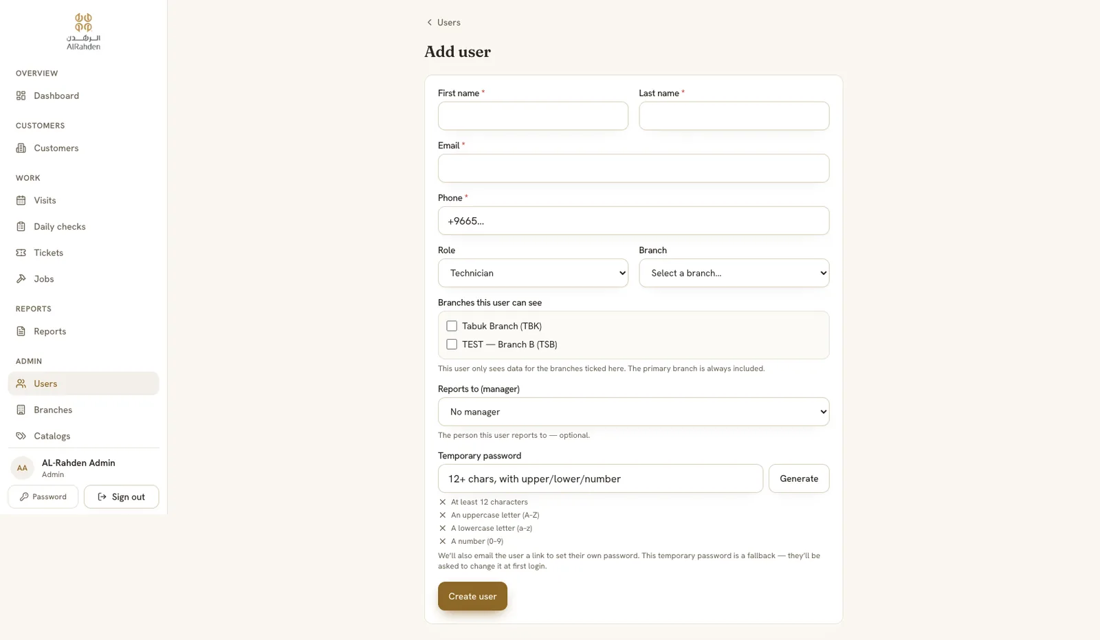 Creating a user with a role and the branches that user is allowed to see